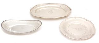 Three American Silver Serving Pieces, Various Makers, comprising an oval tray with monogram, an oval bowl with monogram, and 