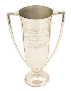 An American Silver Double-Handled Trophy Cup, Unknown Maker, 20th Century, dedicated Peninsula Club/ Woodmare, L.I./ Club Cha