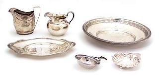 A Group of Six Miscellaneous Silver Articles, Various Makers, comprising two creamers, a shell-form nut dish, a tea strainer,