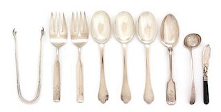 Nine Miscellaneous American Silver Flatware Serving Pieces, Various Makers, comprising four table spoons, a sauce ladle, two 