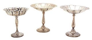 Three American Silver Footed Compotes, Various Makers, each with fluted bowls, two by International; the third by M. Fred Hir