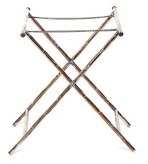 A Silver Plate Bamboo Style Folding Tray Stand Height 22 1/2 inches.