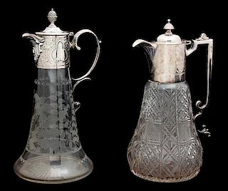Two English Silver Plate Mounted Glass Claret Jugs Height of tallest 11 inches.
