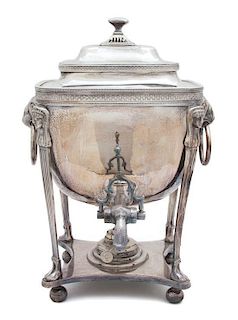 An Egyptian Revival Silver Plate Hot Water Urn Height 16 1/2 inches.