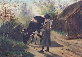 Jules Leon Montigny, (French, 1847-1899), Untitled (Young Girl and Cow)