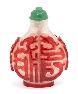 A Red Overlay Snowflake Glass Snuff Bottle Height 3 inches.