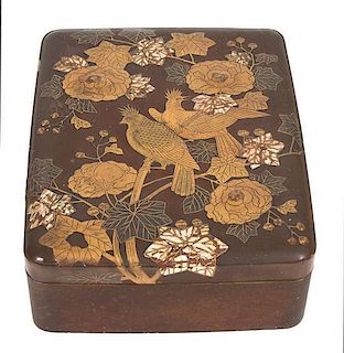 A Japanese Lacquered and Mother-of-Pearl Inlaid Covered Box Height 6 x width 17 x depth 13 1/4 inches.