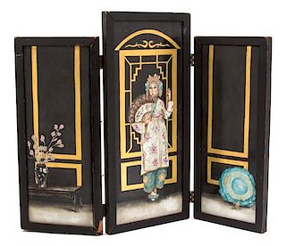 A Three-Panel Hand-Painted Porcelain Chinese Table Screen Height 12 3/4 x extended full width 16 inches.