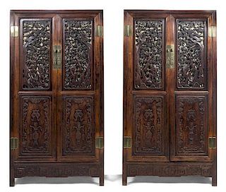 A Pair of Chinese Hardwood Cabinets, Height 69 x width 37 x depth 15 7/8 inches.