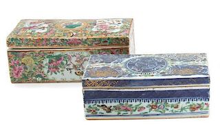 Two Chinese Export Porcelain Covered Boxes Length 8 1/2 inches.