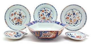 A Group of Six Pieces of Chinese Imari Palette Porcelain Diameter of largest 13 1/4 inches.