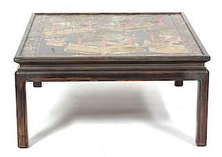 A Chinese Coromandel Lacquer Panel Top Coffee Table Height 17 3/4 x 36 inches square.