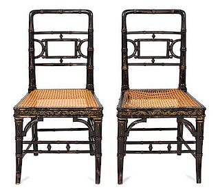 A Pair of Chinese Bamboo Carved Side Chairs Height 36 inches.