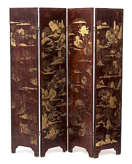 A Chinese Coromandel Lacquer Four-Panel Screen Each panel height 72 1/4 x width 16 inches.