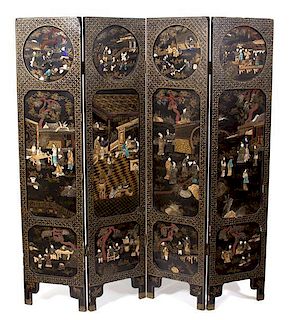 A Chinese Four Panel Black and Gilt Lacquer Floor Screen