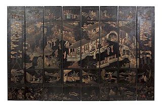 A Chinese Export Carved Lacquer Coromandel Eight-Panel Screen Height 83 x width of each panel 16 inches.