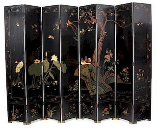 A Chinese Eight Panel Lacquered Screen Each panel 93 x 18 inches.