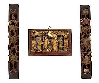 Three Chinese Giltwood Fragments Length of largest 18 1/2 inches.
