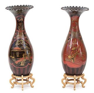 A Pair of Japanese Polychromed Porcelain Vases Height 30 inches.