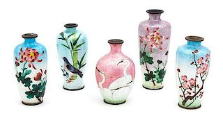 A Group of Five Metal Mounted Japanese Cloissone Bud Vases Height of tallest 6 inches.