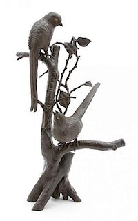 A Japanese Bronze of Two Birds on Tree Branches Height 21 inches.