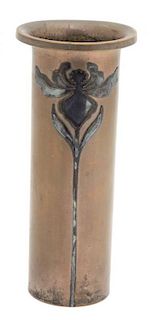 An Art Nouveau Silver on Bronze Cylindrical Vase Height 8 inches.