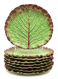 Eight Red Veined Cabbage Leaf Plates Length 10 3/8 inches.