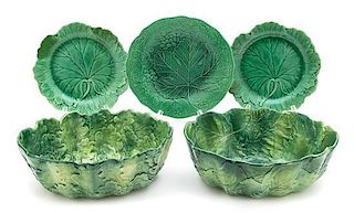 Five Pieces of Green Leaf Design Ceramics Length of largest 8 inches.