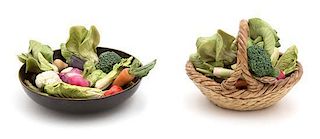 Forty Ceramic Trompe l'Oiel Minature Vegetables and a Basket Basket length 3 1/2 inches.