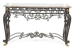 A Brass-Mounted Wrought-Iron and Marble-Top Console Table Height 32 x width 53 1/2 x depth 17 1/2 inches.