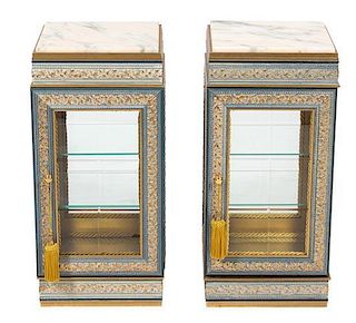 A Pair of Neoclassical Style Carved, Painted and Parcel Gilt Glazed Sided Etagere Cabinets Height 20 1/2 x 9 1/4 inches squar