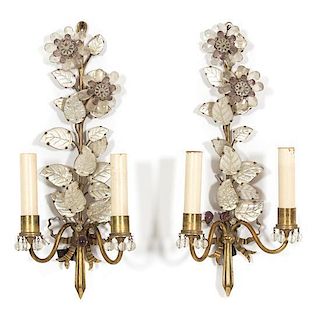 A Pair of Gilt Metal and Cut Glass Two-Light Wall Sconces Height 15 1/2 inches.
