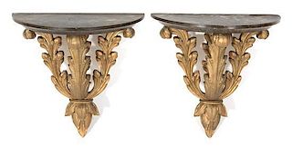 A Pair of Rococo Style Gilt Composition Wall Brackets Height 15 x width 14 1/2 x depth 7 1/2 inches.