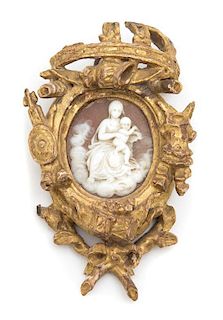 An Italian Carved Cameo in Gilt Frame Height 3 1/2 x width 2 1/4 inches.