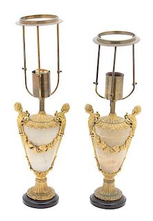 A Pair of Gilt Metal Mounted Marble Urns Height of base 16 inches.