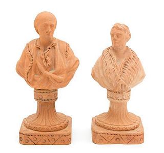A Pair of Terracotta Three-Quarter Bust Portraits Height of taller 8 1/4 inches.