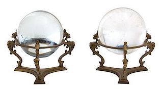 A Pair of Gilt Metal Crystal Ball Stands Height of larger 6 inches.