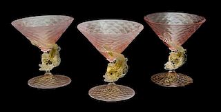 Ten Murano Glass Dolphin Stemmed Pink Champagne Glasses Height 5 1/4 inches.