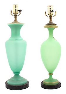 Two Green Opaline Glass Vases Height of tallest 14 1/2 inches.