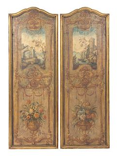 A Pair of French Rococo Style Painted Wood Boiserie Panels Height 62 x width of each panel 22 inches.