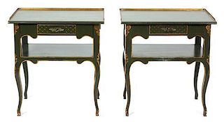 A Pair of Louis XV Style Green and Parcel Gilt Side Tables Height 25 1/4 x width 24 x depth 18 inches.