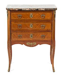 A Louis XV/ XVI Transitional Tulipwood and Marble-Top Three Drawer Table en Chiffonnier Height 30 1/2 x width 22 x depth 13 1