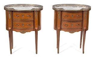 A Pair of Louis XV/XVI Transitional Tulipwood and Marble-Top Side Tables Height 29 x width 23 1/4 x 15 1/2 inches.