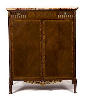 A Transitional Louis XV / XVI Marble Top Parquetry Inlaid Tulipwood Dressing Cabinet Height 50 ¼ x width 41 x depth 22 i