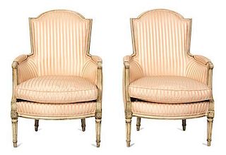 A Pair of Louis XVI Style Painted Bergeres Height 37 inches.