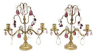 A Pair of Louis XV Style Two-Light Crystal and Amethyst Beaded Candelabra Height 11 1/4 inches.