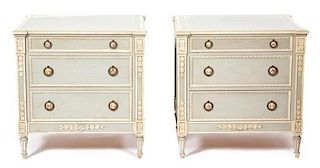 A Pair of Louis XVI Style Three Drawer Night Chests Height 28 x width 28 x depth 24 inches.