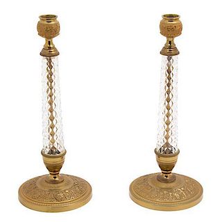 A Pair of French Gilt-Bronze and Cut Glass Candlesticks Height 12 inches.