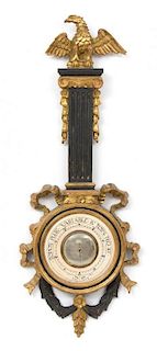 A Louis XVI Style Painted and Partial Giltwood Barometer Height 37 x width 13 ½ inches.