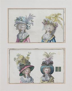 A Group of Four French Hand-Colored Etchings Largest plate 9 1/4 x 7 inches.